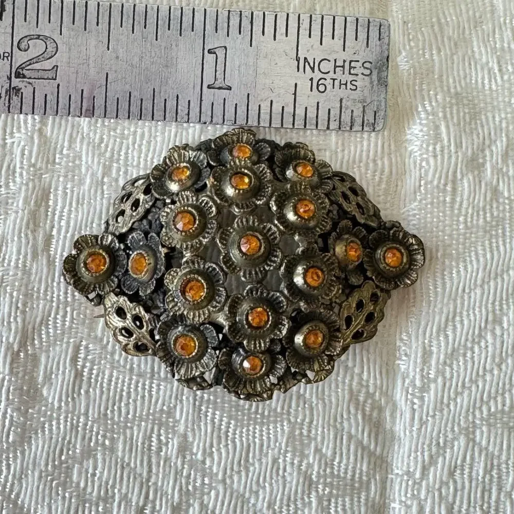 Large 2” 1930s Art Nouveau Vintage Filigree Broach Amber Czech Glass Antique Pin